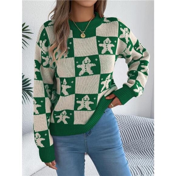 Christmas Checkerboard Gingerbread Round Neck Sweater - Picture 4 of 11